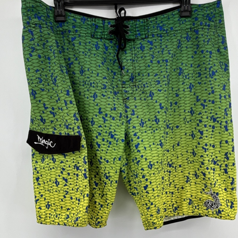 Pelagic Fish Scale Pattern Fishing Board Shorts Green Yellow Blue Athletic  40